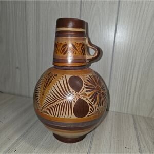 Vtg Tonala Mexican Pottery Bedside Water Pitcher W/Cup Handmade  Botellon Vase